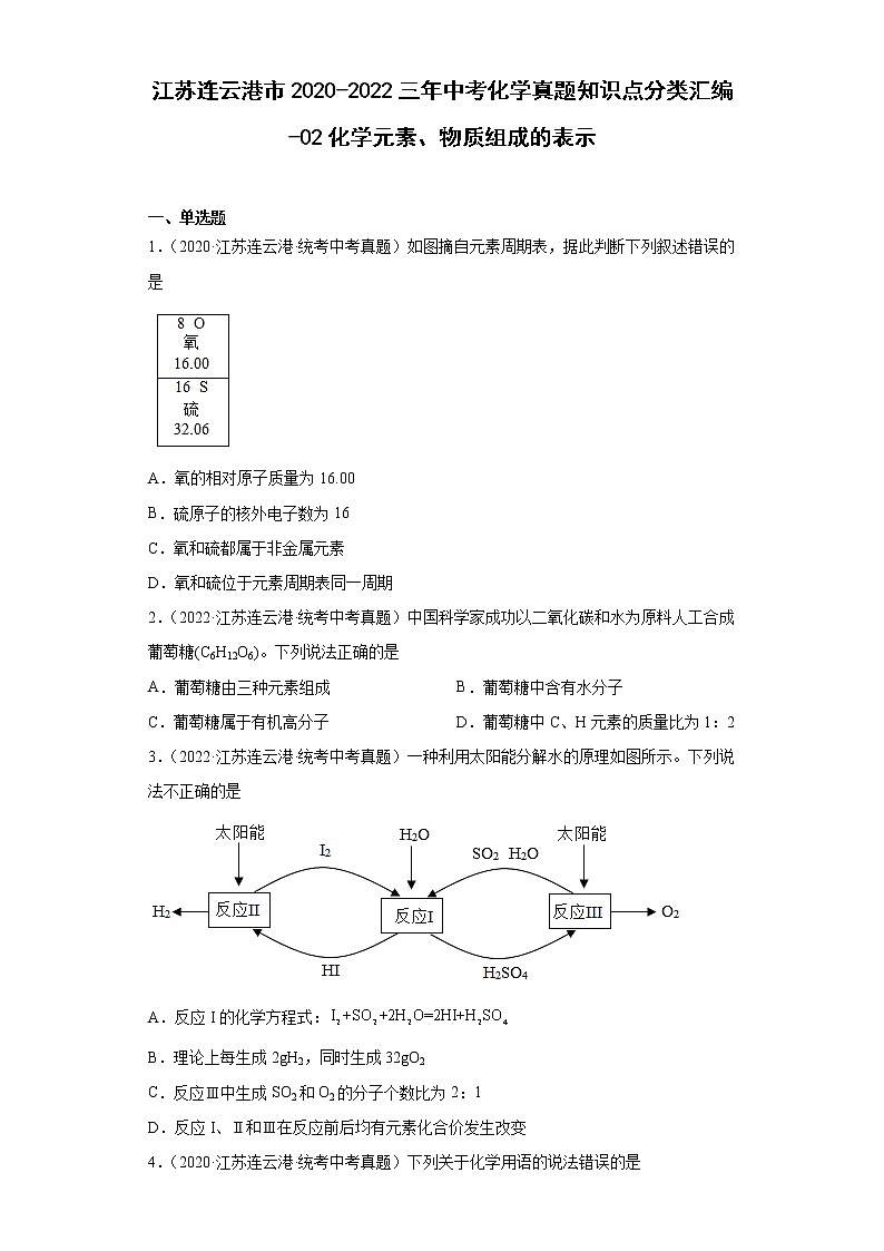 江苏连云港市2020-2022三年中考化学真题知识点分类汇编-02化学元素、物质组成的表示第1页