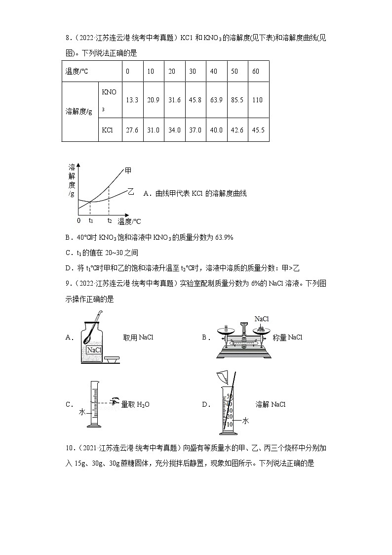 江苏连云港市2020-2022三年中考化学真题知识点分类汇编-03空气、氧气、水、溶液03