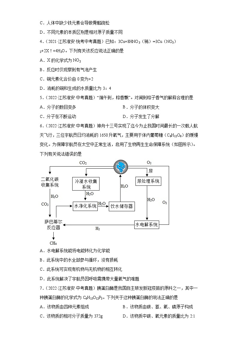 江苏省淮安市2020-2022三年中考化学真题知识点分类汇编-02物质构成的奥秘02