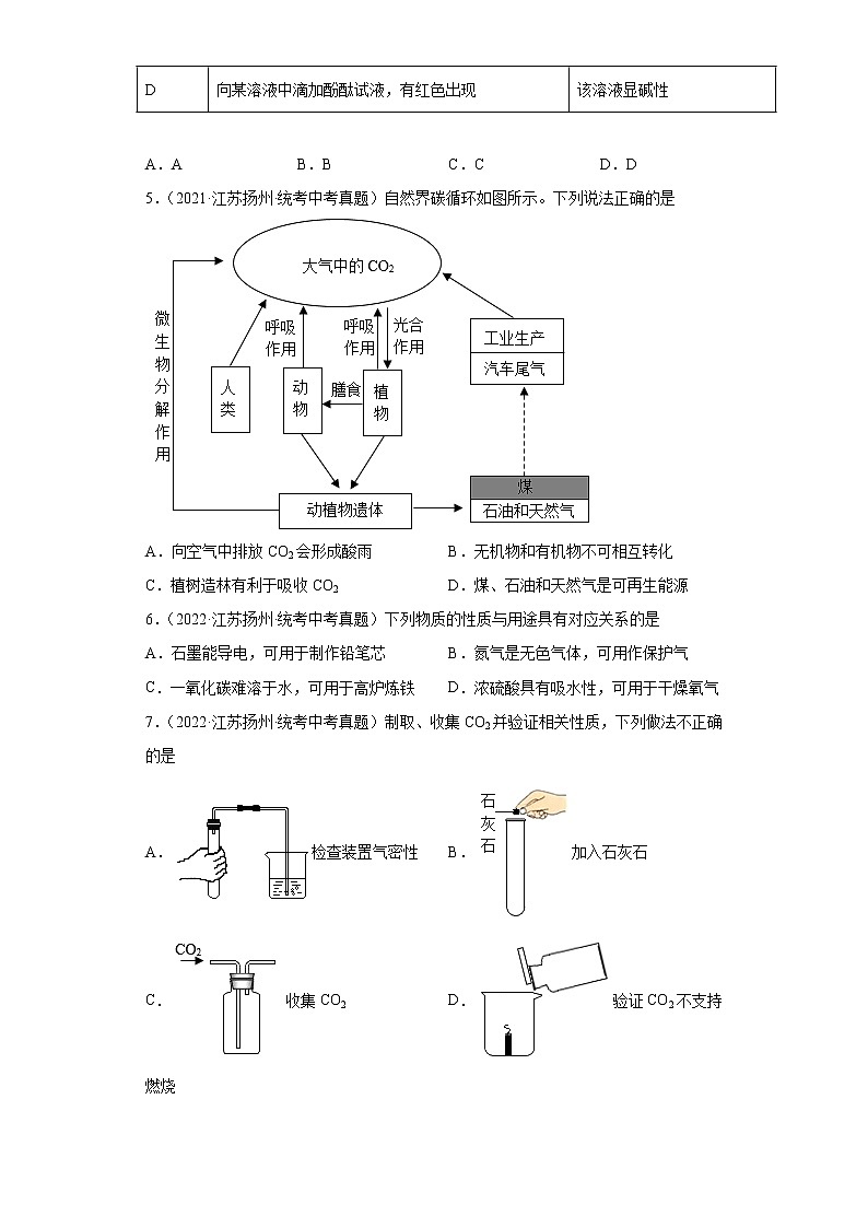 江苏省扬州市2020-2022三年中考化学真题知识点分类汇编-04碳和碳的氧化物02