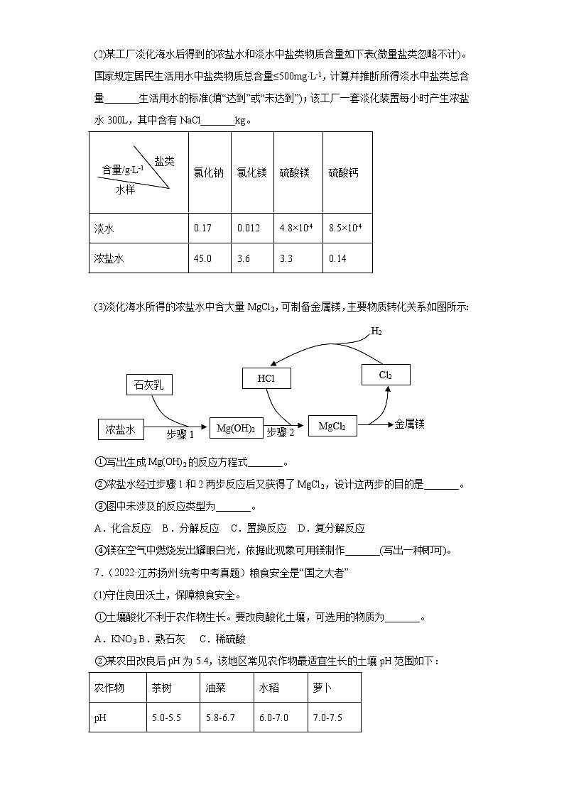 江苏省扬州市2020-2022三年中考化学真题知识点分类汇编-07盐和化肥02