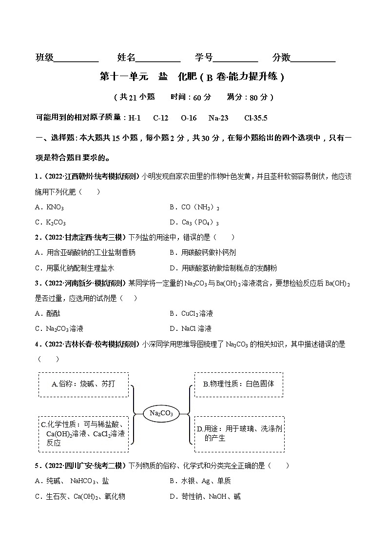 第十一单元 盐 化肥（培优卷）——2022-2023学年九年级下册化学单元卷（南京专用）（原卷版+解析版）01