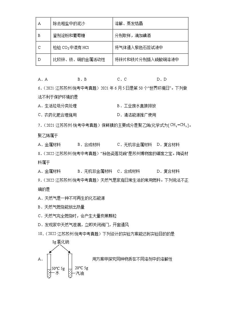 江苏苏州市2020-2022三年中考化学真题知识点分类汇编-07化学与社会发展02