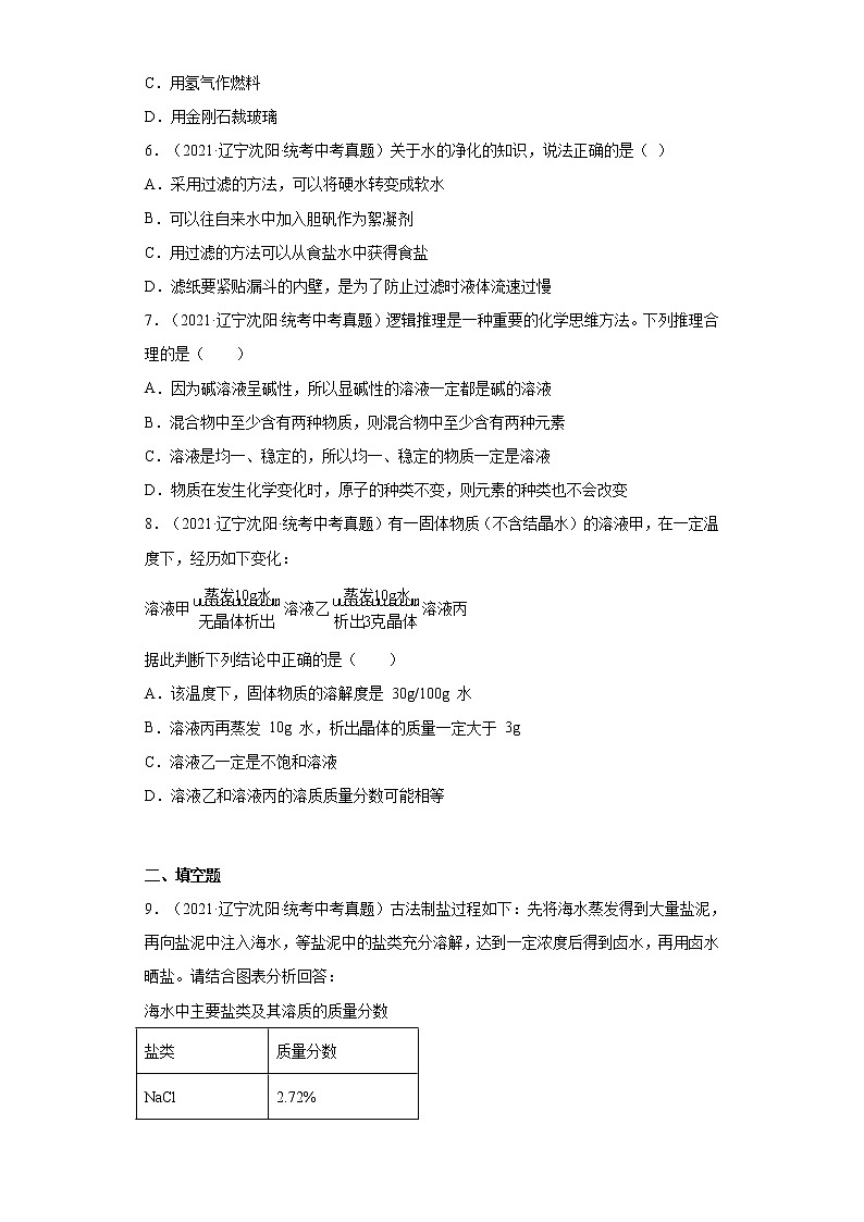 辽宁沈阳市2020-2022三年中考化学真题知识点分类汇编-05水、溶液02