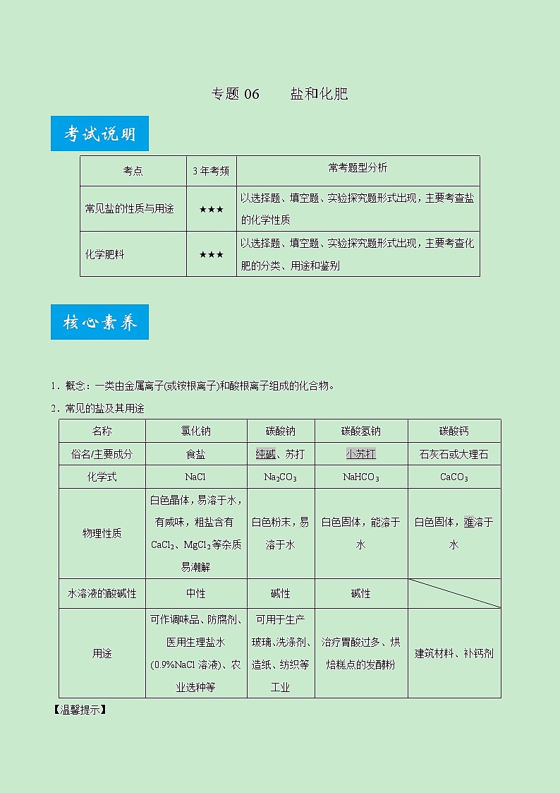 专题06 盐和化肥-《中考满分计划系列·化学》之二轮专题重整合01