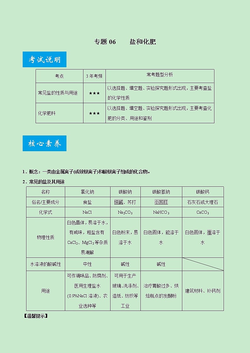 专题06 盐和化肥-《中考满分计划系列·化学》之二轮专题重整合01