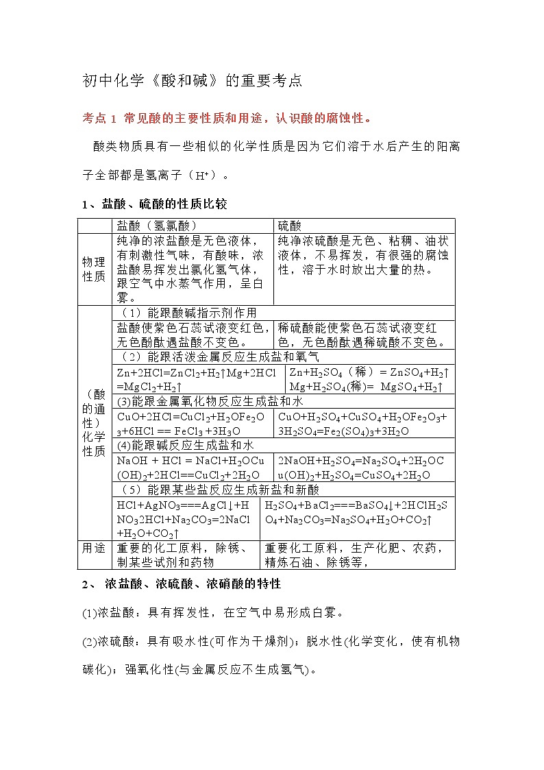 初中化学《酸和碱》的重要考点第1页