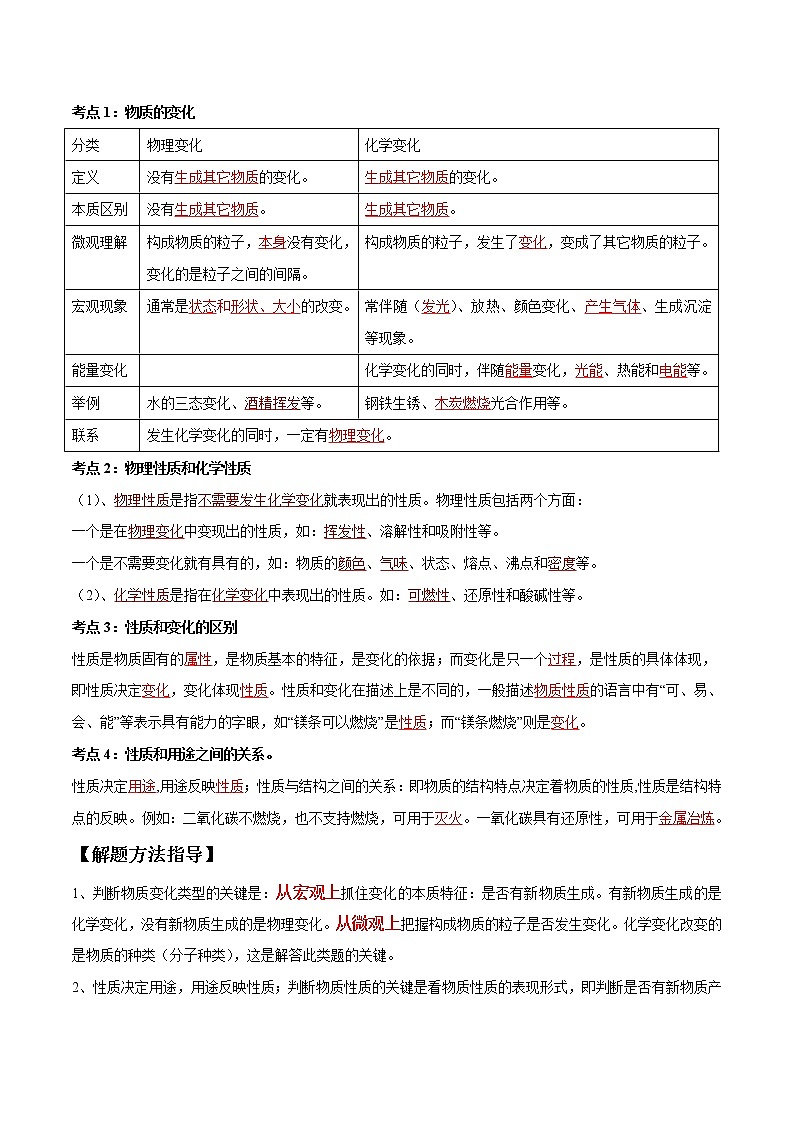 初中化学一轮复习【讲通练透】专题01 物质的变化、性质和用途（讲通）02
