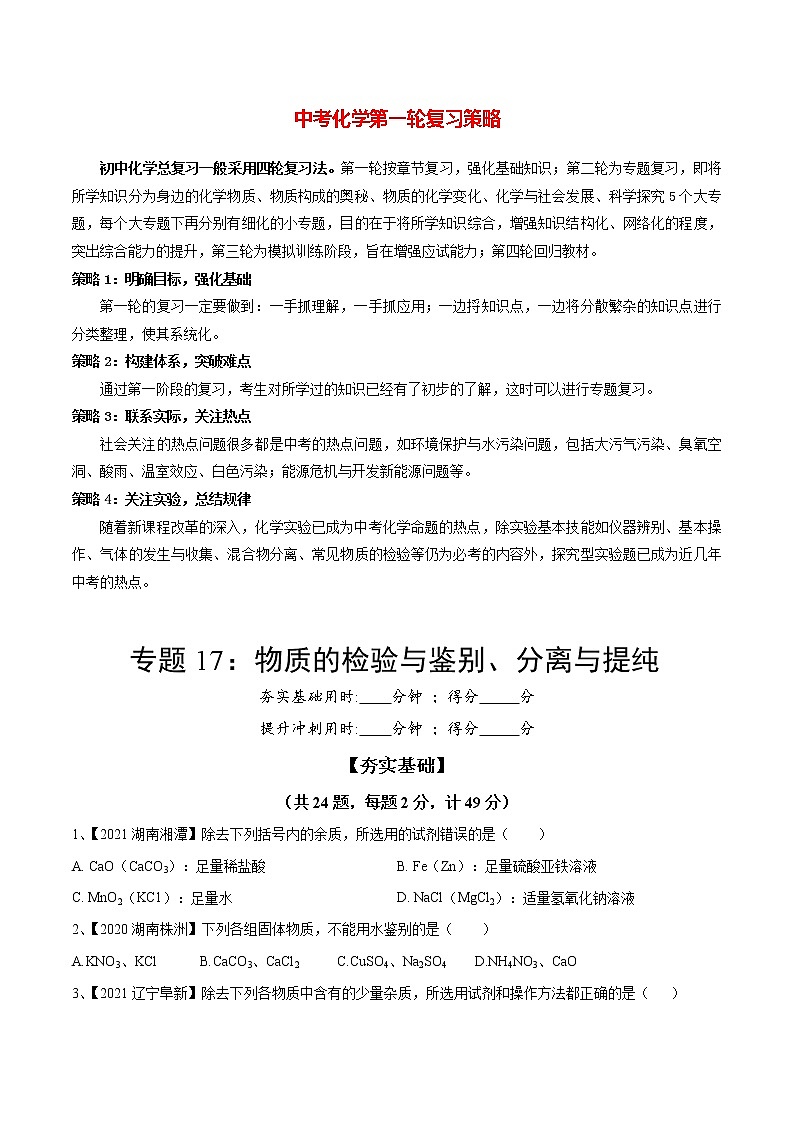 专题17 物质的检验与鉴别、分离与提纯（讲通练透）-（学生版）第1页