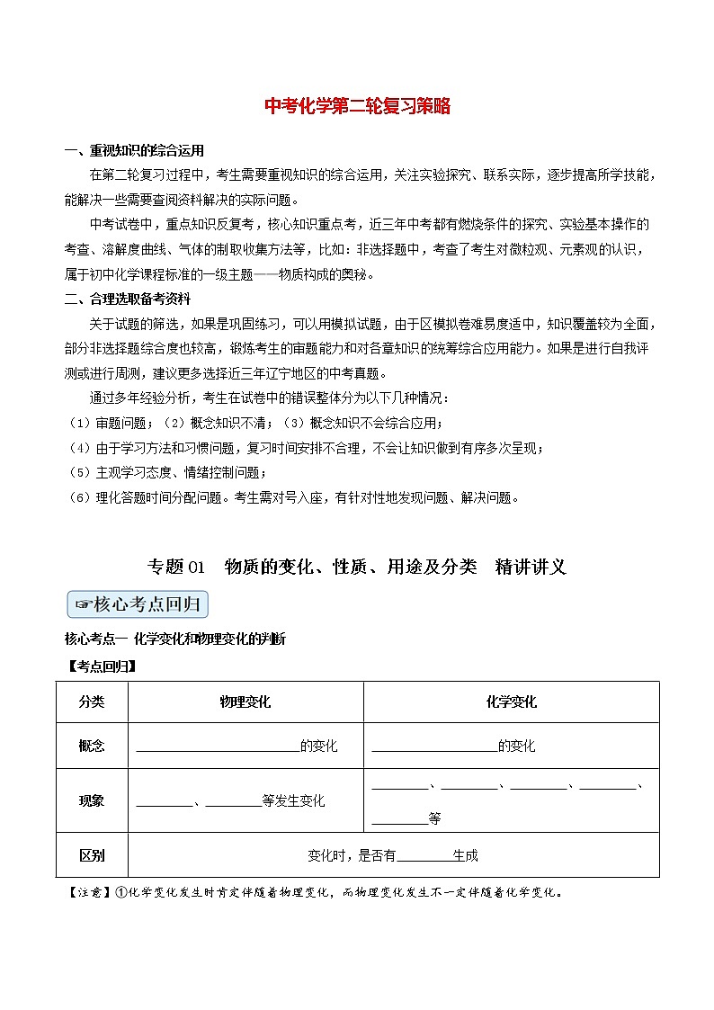 初中化学二轮复习【讲通练透】专题01  物质的变化、性质、用途及分类（讲通）01