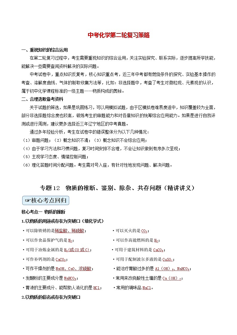 专题12  物质的推断、鉴别、除杂、共存问题（精讲讲义）（教师版）第1页