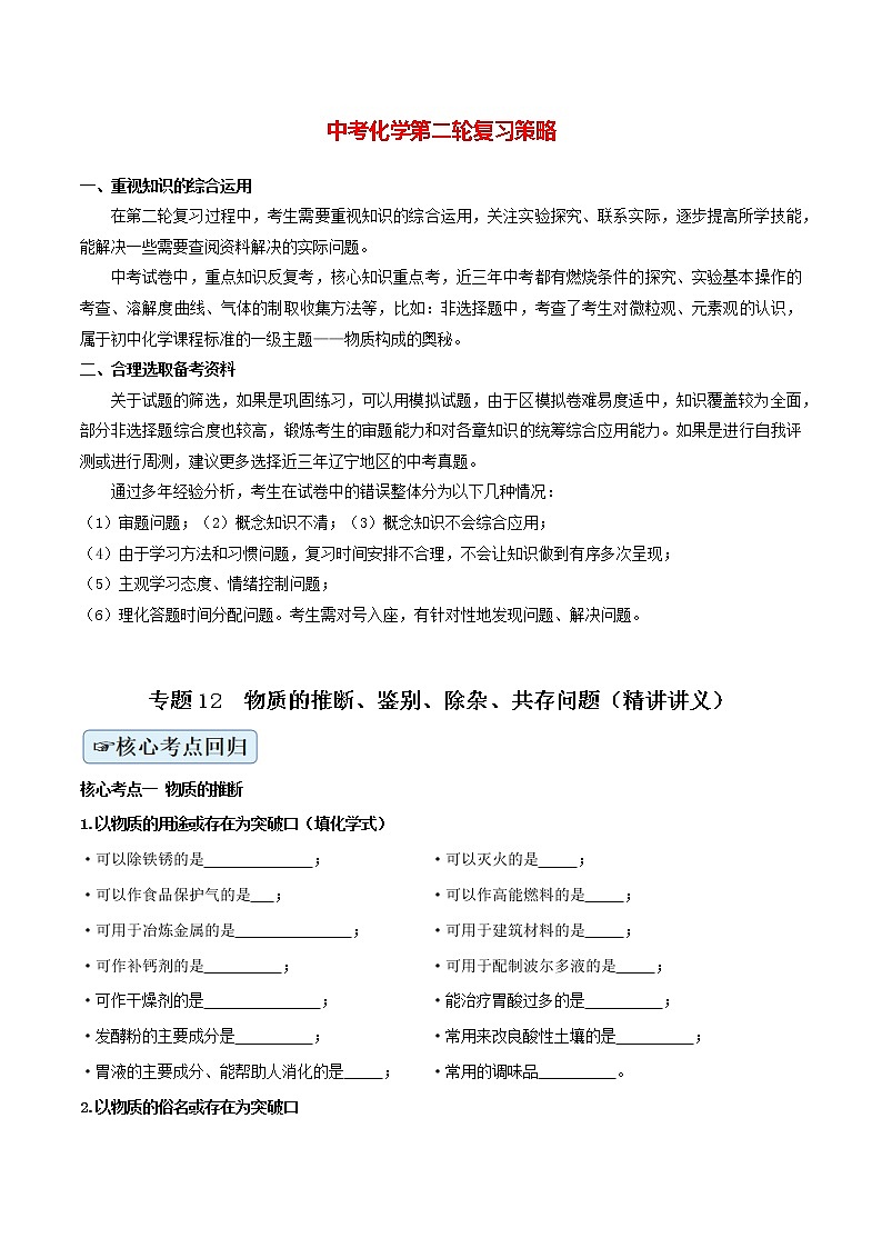 专题12  物质的推断、鉴别、除杂、共存问题（精讲讲义）（学生版）第1页