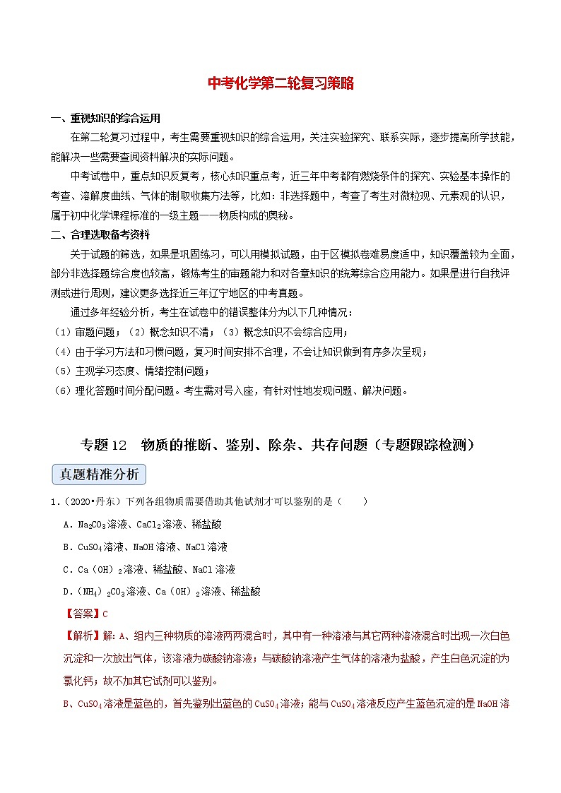 专题12  物质的推断、鉴别、除杂、共存问题（专题跟踪检测）（教师版）第1页