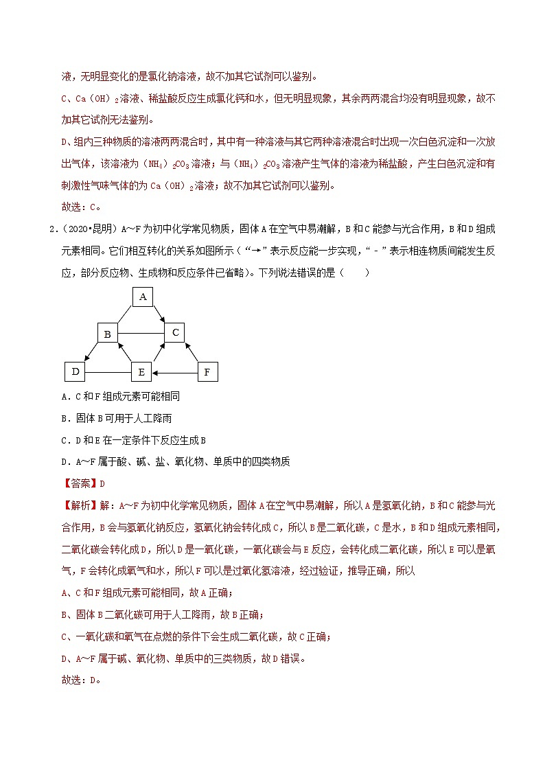 专题12  物质的推断、鉴别、除杂、共存问题（专题跟踪检测）（教师版）第2页