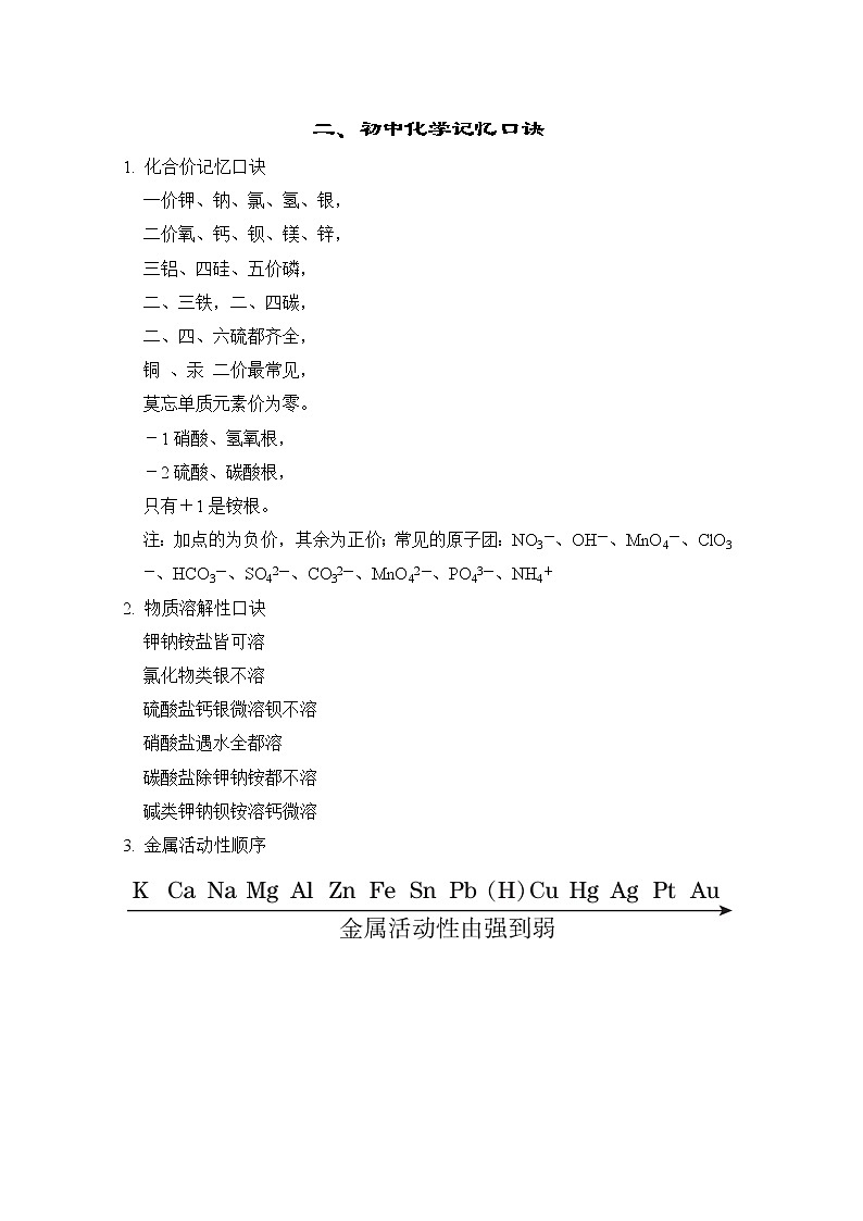 中考化学复习二初中化学记忆口诀学案第1页