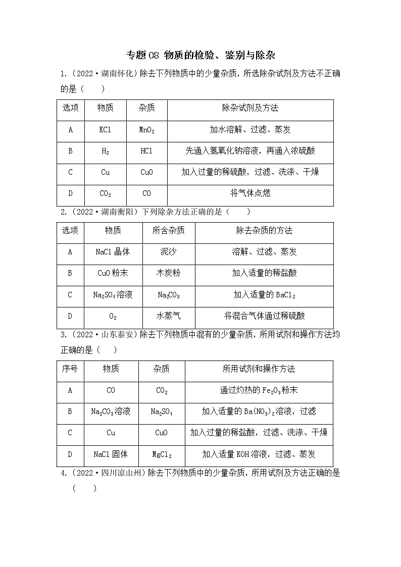 化学专题八：物质的检验、鉴别与除杂----（中考真题）（原卷版）第1页
