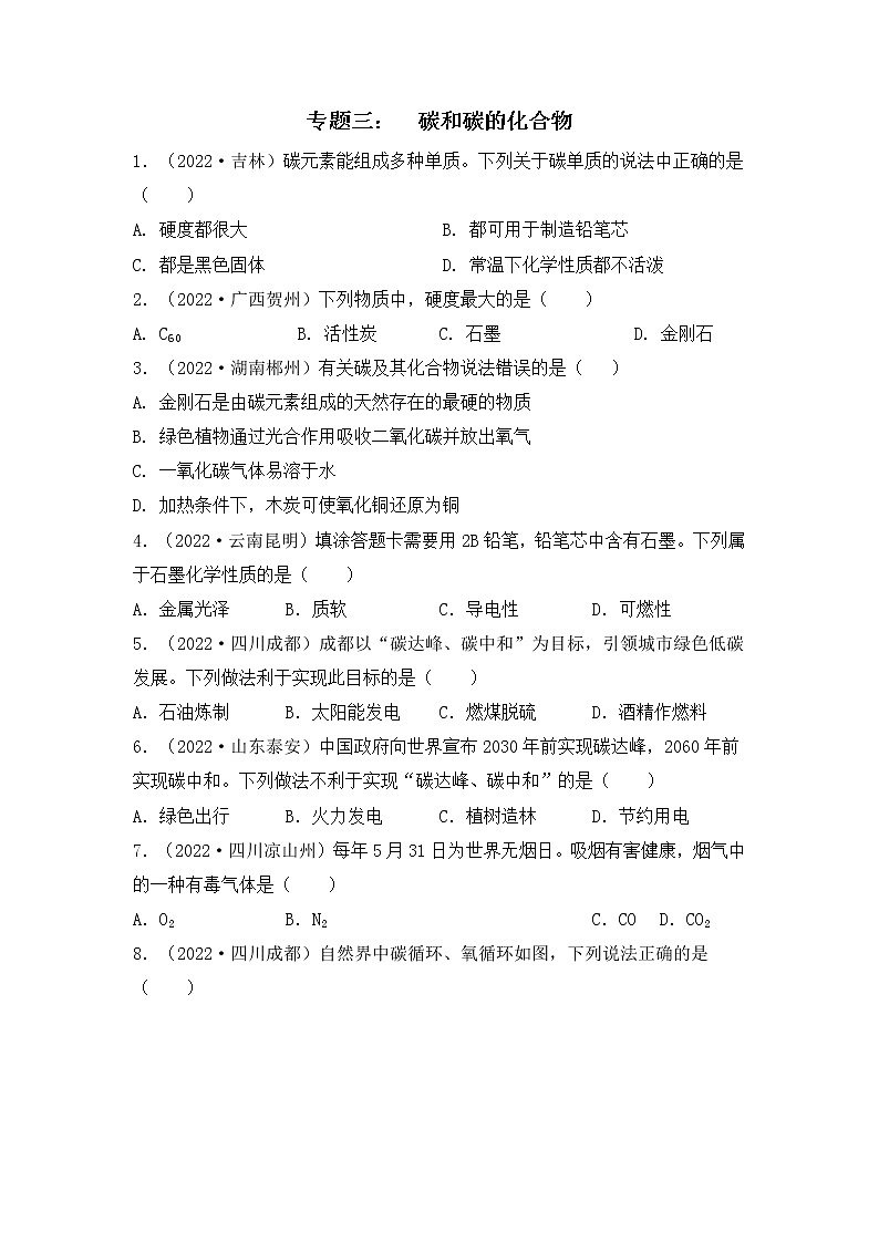 化学专题三： 碳和碳的化合物----（中考真题）（原卷版）第1页