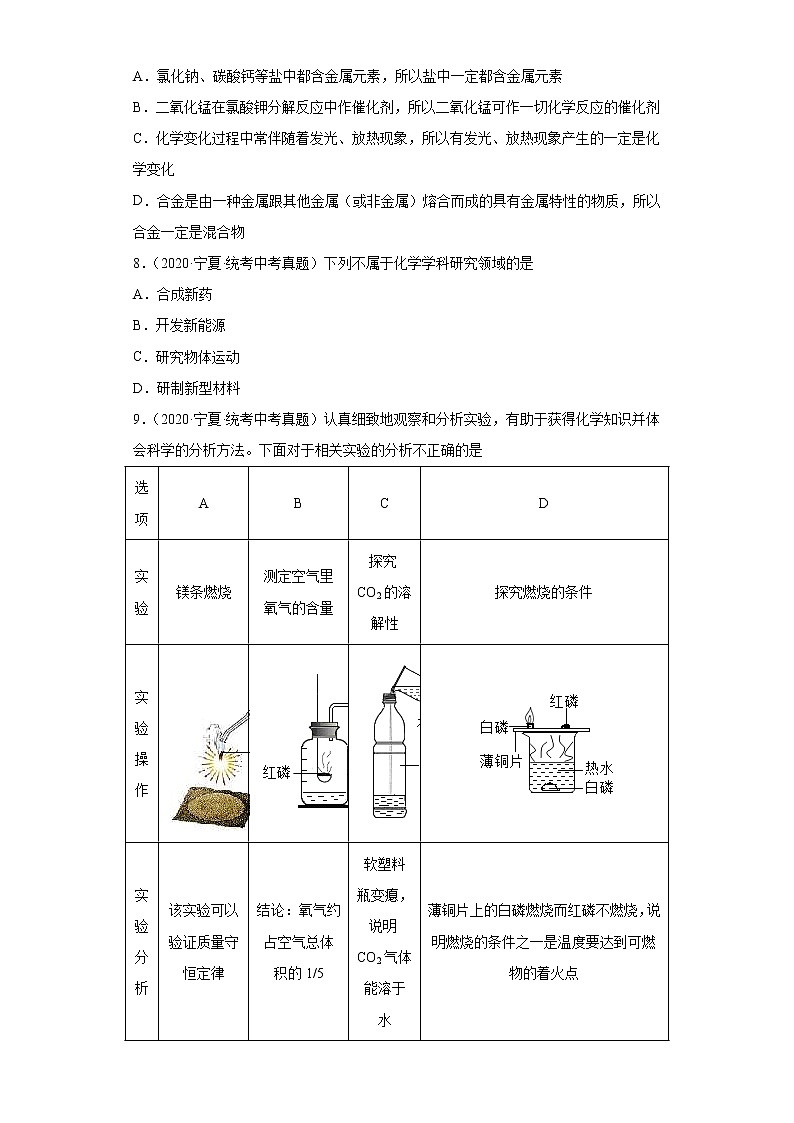 宁夏2020-2022三年中考化学真题知识点分类汇编-01物质的化学变化第3页