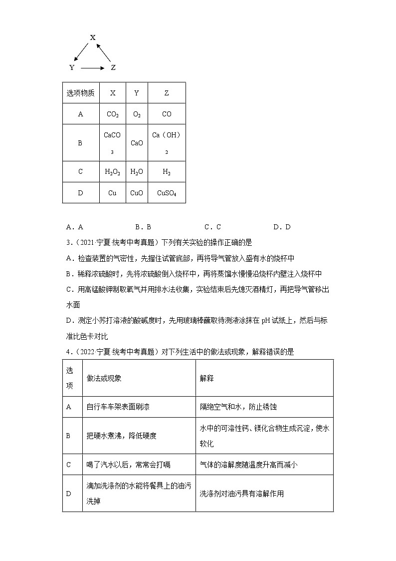 宁夏2020-2022三年中考化学真题知识点分类汇编-03空气、氧气、水、溶液02