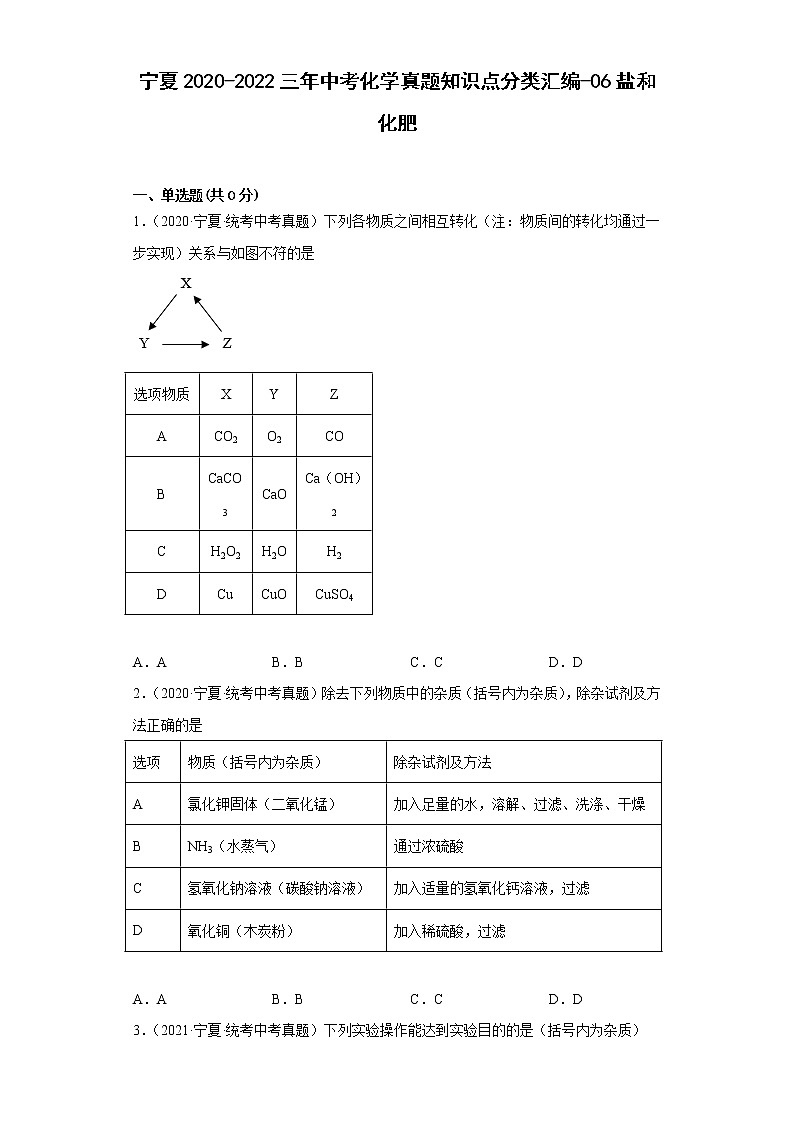 宁夏2020-2022三年中考化学真题知识点分类汇编-06盐和化肥第1页