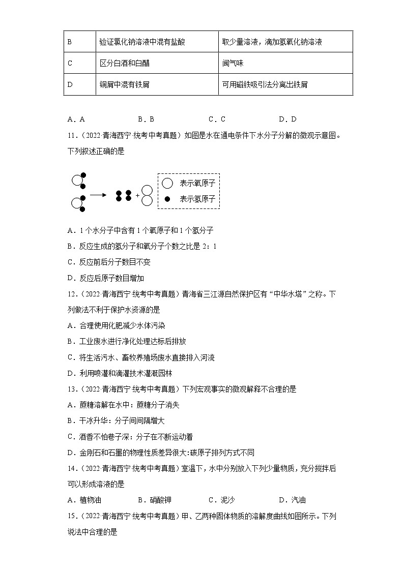 青海2020-2022三年中考化学真题知识点分类汇编-03空气、氧气、水、溶液03