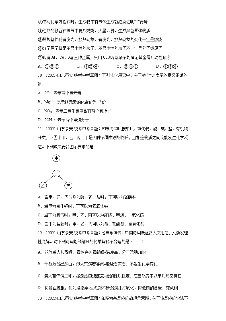 山东省泰安市2020-2022三年中考化学真题知识点分类汇编-02物质构成的奥秘第3页