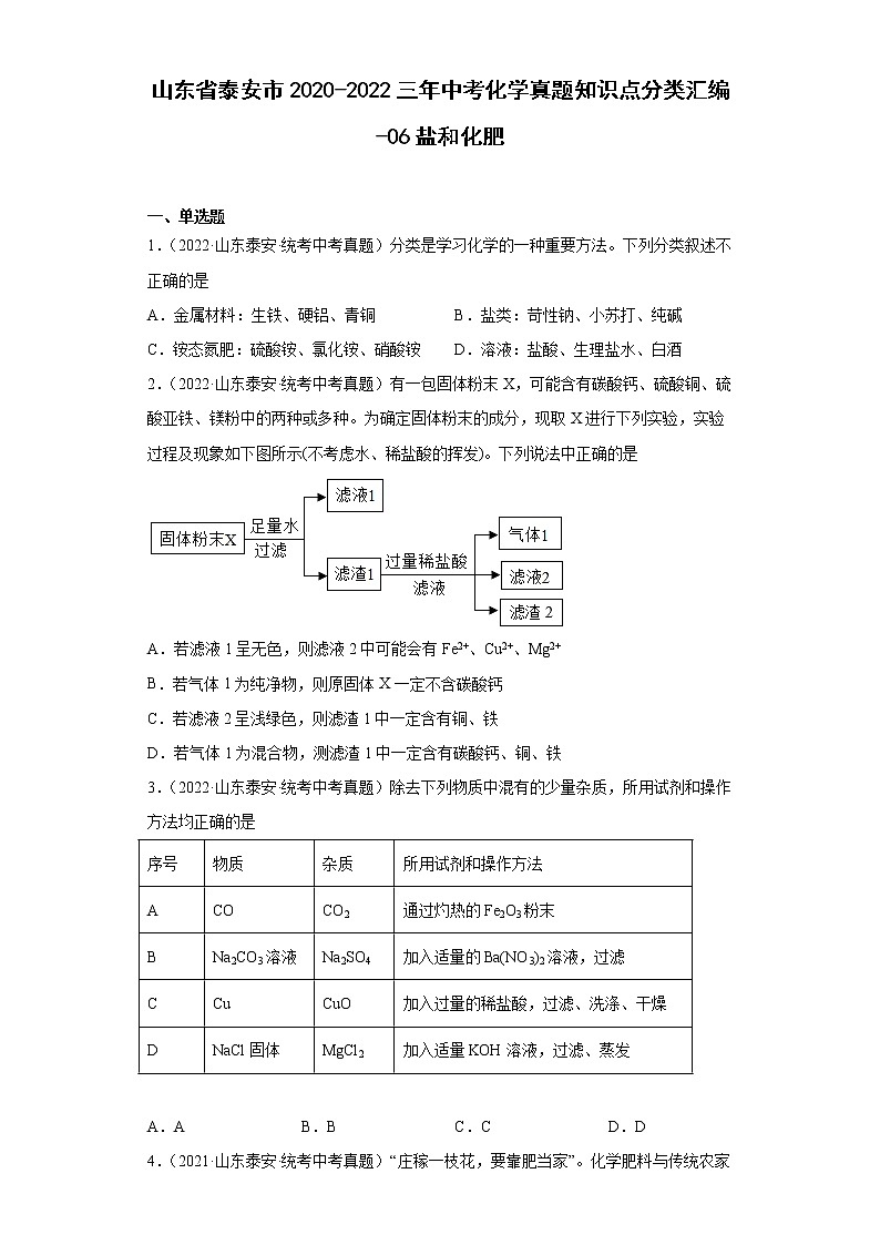 山东省泰安市2020-2022三年中考化学真题知识点分类汇编-06盐和化肥第1页
