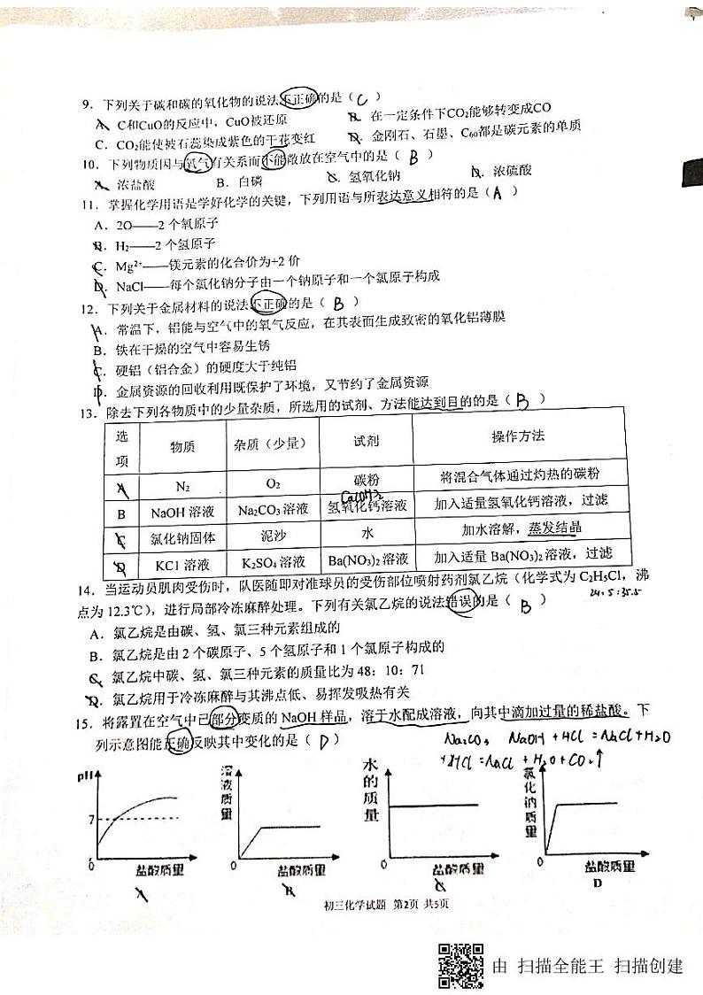 初中化学中考复习 重庆市巴蜀中学2019年九年级化学下学期一诊考试试卷pdf，无答案）第2页