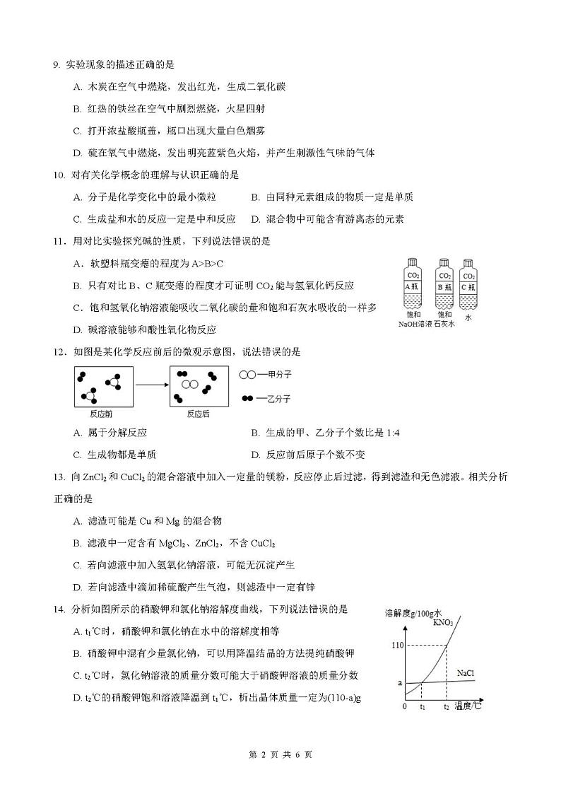 上海市欣竹中学+2022-2023学年九年级下学期3月月考化学试卷第2页