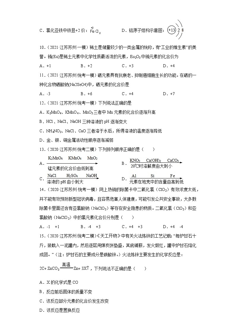 江苏省苏州市三年（2020-2022）中考化学模拟题分题型分层汇编-15化合价03