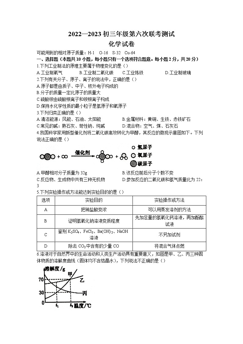 江苏省宿迁市沭阳县2022-2023学年九年级第六次联考测试化学试题01