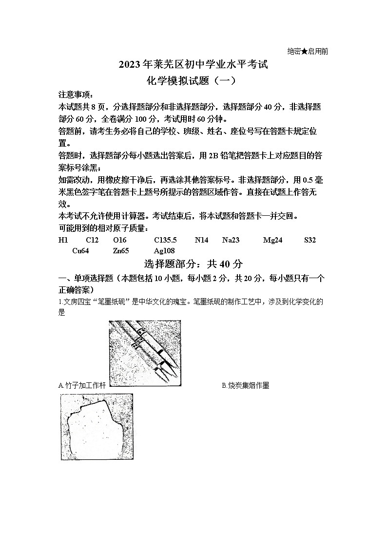 2023年山东省济南市莱芜区中考一模化学试题01