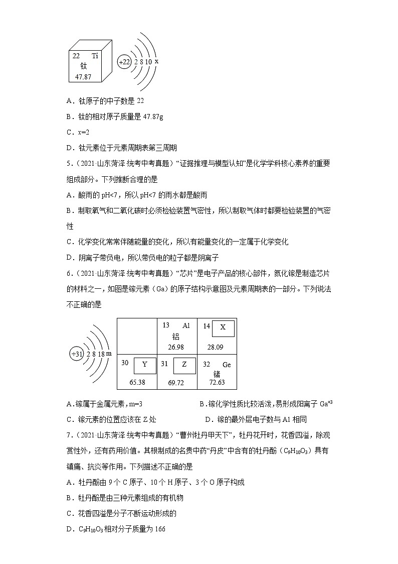 山东省菏泽市2020-2022三年中考化学真题知识点分类汇编-02物质构成的奥秘第2页