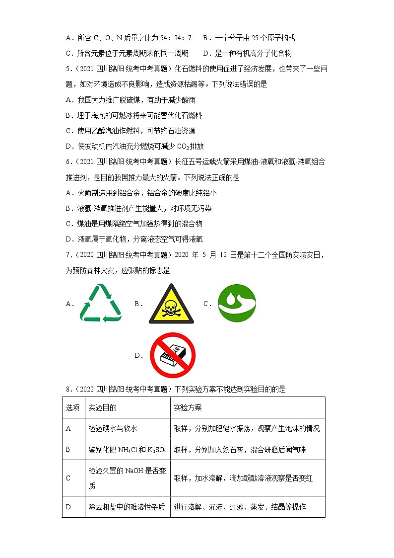 四川省绵阳市2020-2022三年中考化学真题知识点分类汇编-06化学与社会发展第2页
