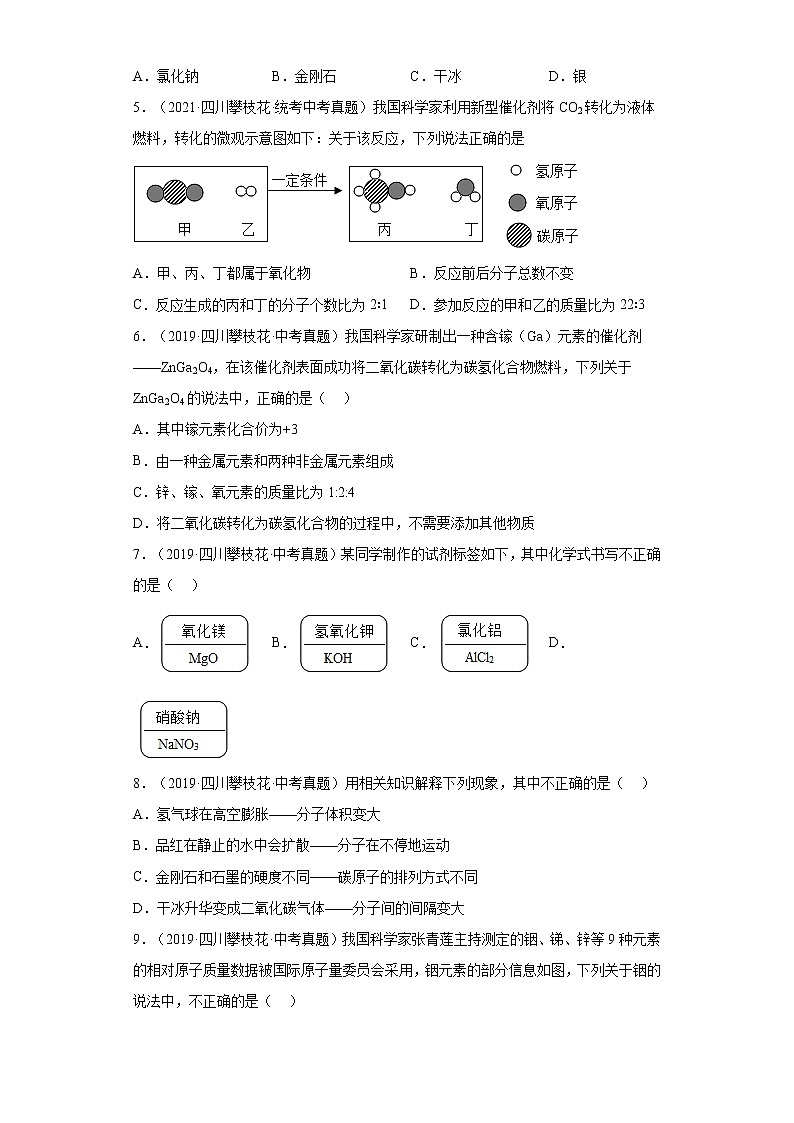 四川省攀枝花市2019-2022中考化学真题知识点分类汇编-02物质构成的奥秘02