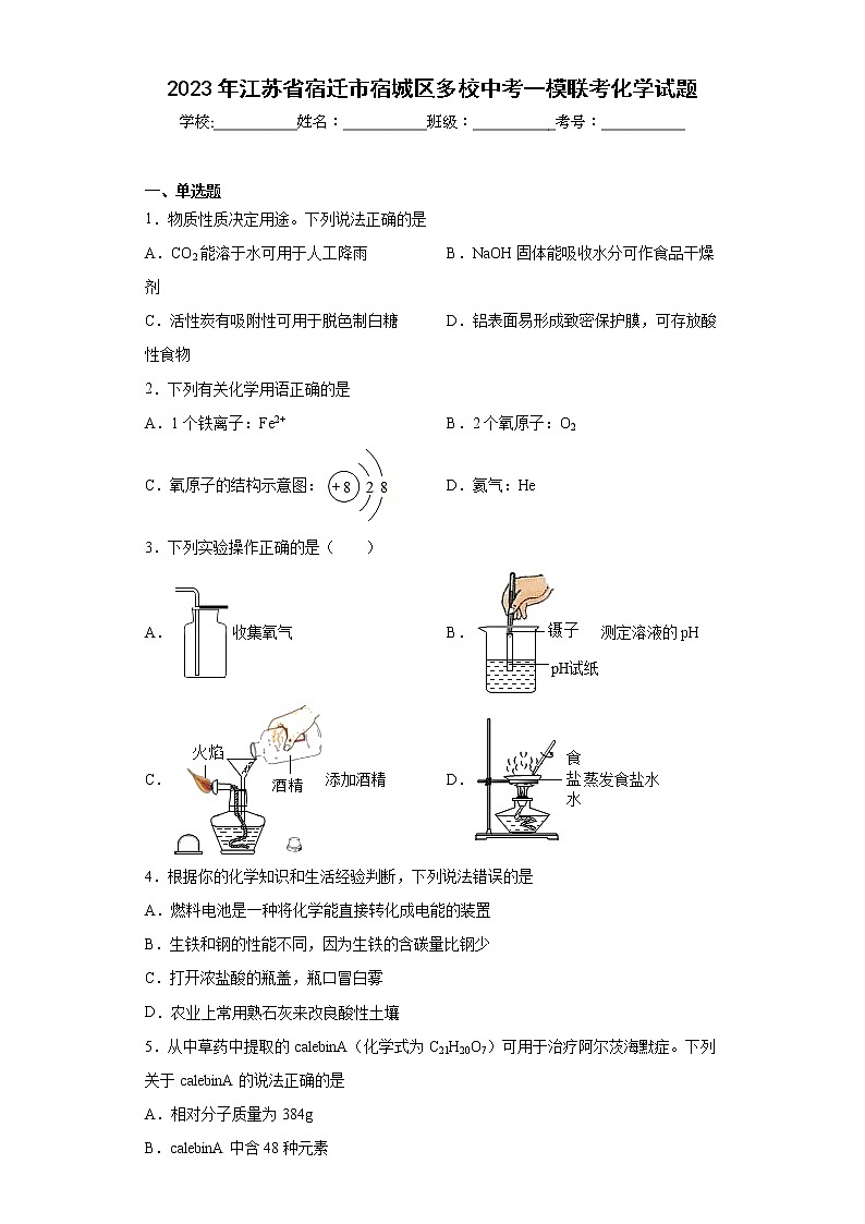 2023年江苏省宿迁市宿城区多校中考一模联考化学试题（含答案）01