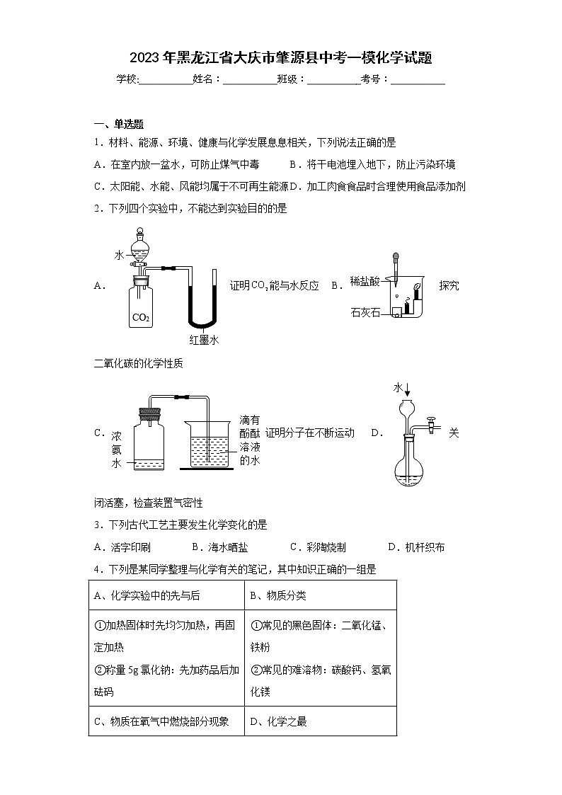2023年黑龙江省大庆市肇源县中考一模化学试题（含答案）01