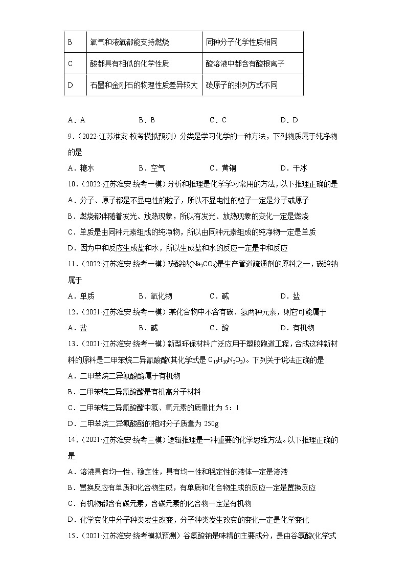 江苏省淮安市三年（2020-2022）中考化学模拟题分题型分层汇编-05化学物质的多样性03