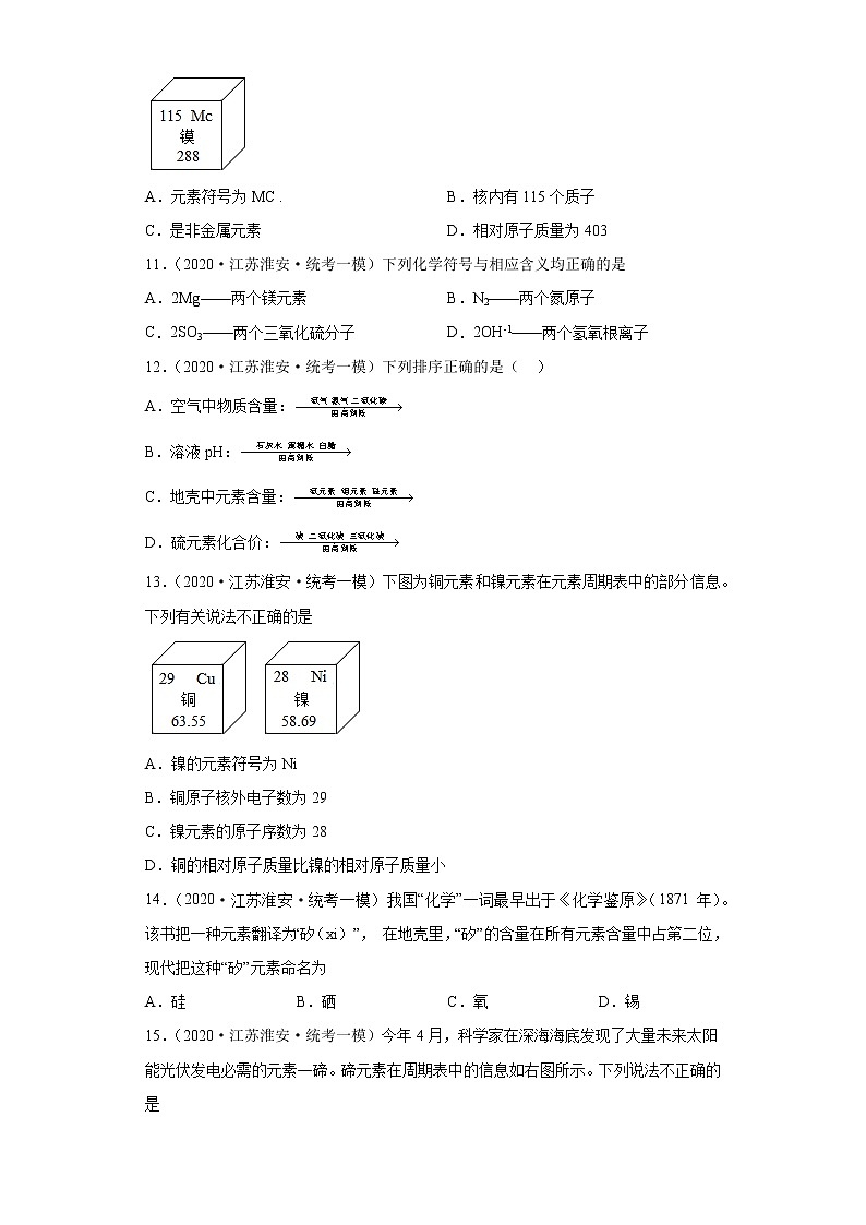 江苏省淮安市三年（2020-2022）中考化学模拟题分题型分层汇编-07化学元素03