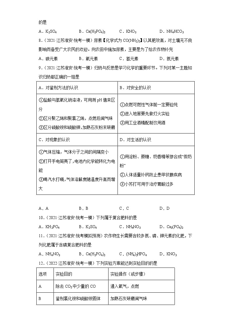 江苏省淮安市三年（2020-2022）中考化学模拟题分题型分层汇编-28化学肥料02