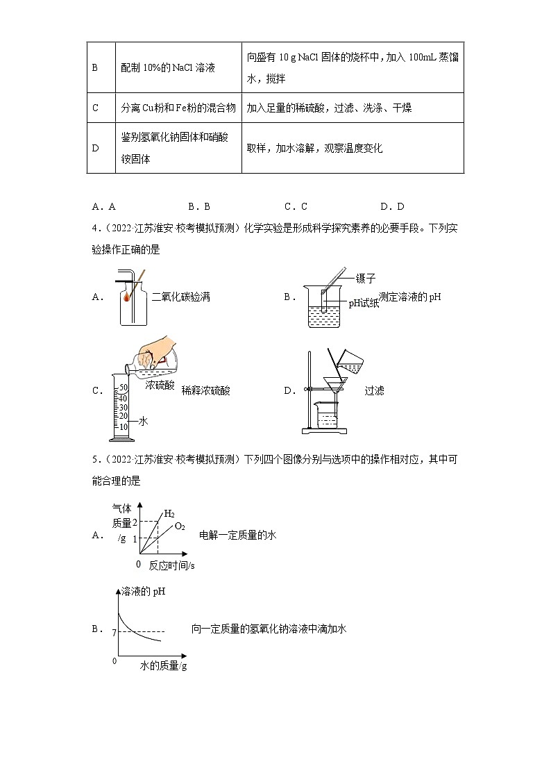 江苏省淮安市三年（2020-2022）中考化学模拟题分题型分层汇编-25溶液酸碱性和pH02