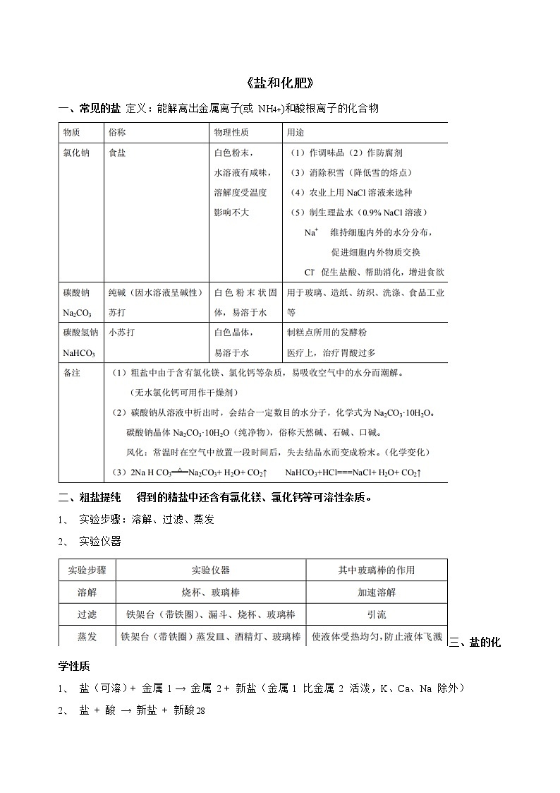 初三化学下册（春季班）讲义  第08讲 盐和化肥（基础版） 学生版第1页