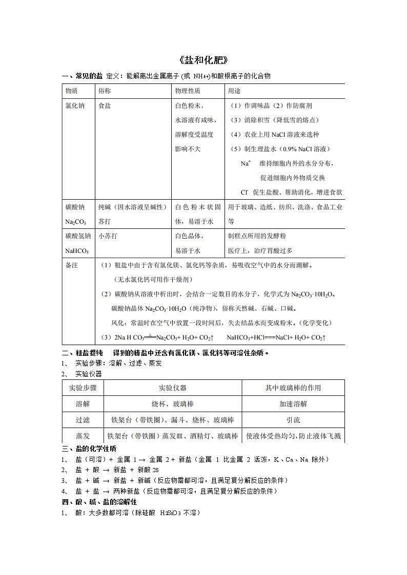 初三化学下册（春季班）讲义  第08讲 盐和化肥（基础版） 教师版第1页