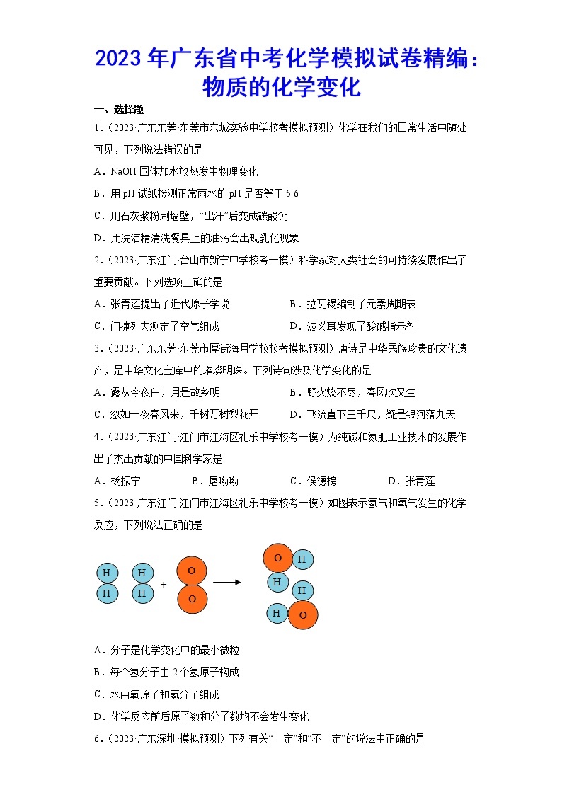 2023年广东省中考化学模拟试卷精编：物质的化学变化01
