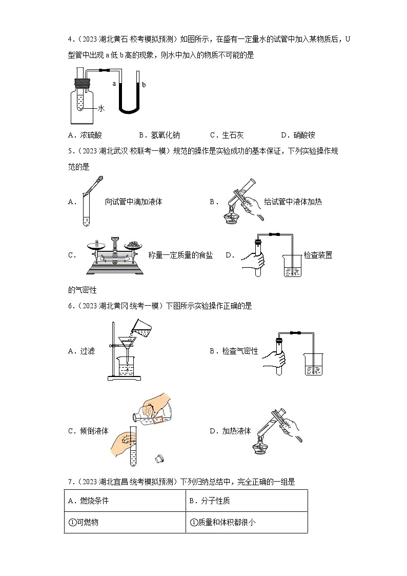 2023年湖北省中考化学模拟试卷精编：化学实验02