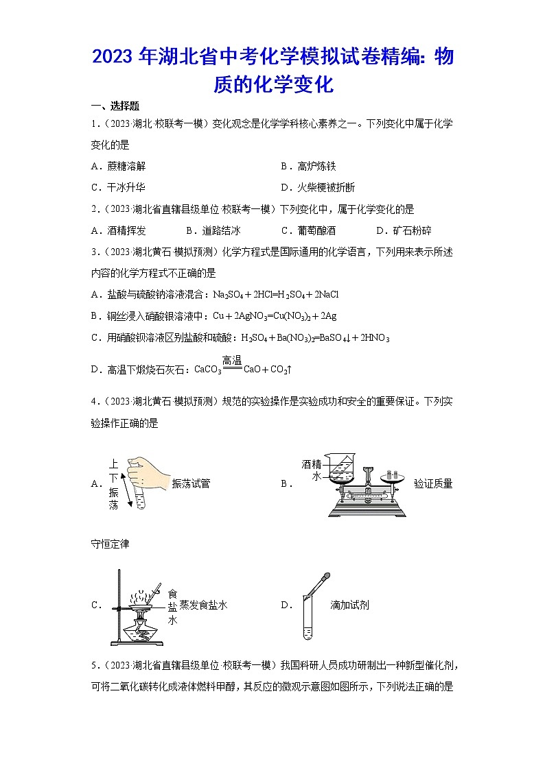 2023年湖北省中考化学模拟试卷精编：物质的化学变化第1页