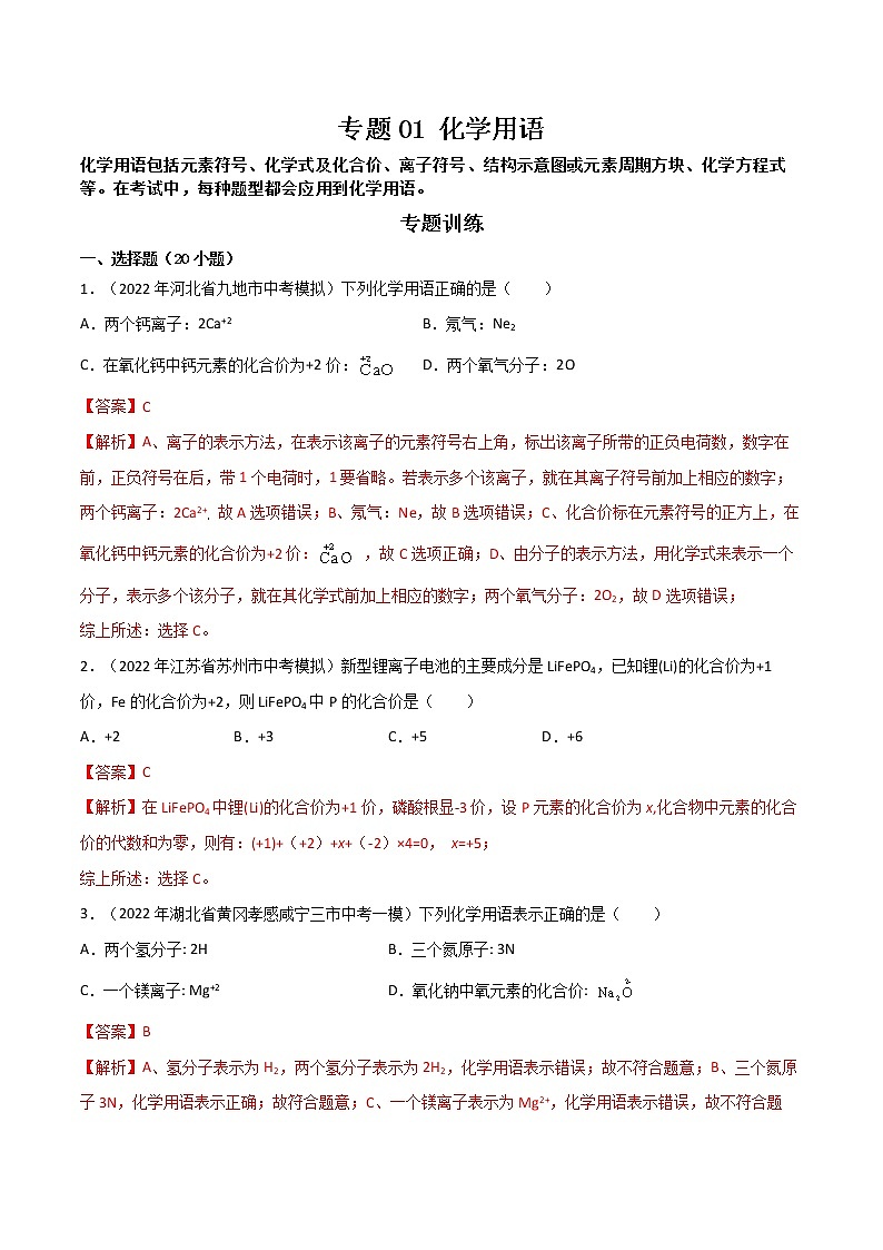 专题 01化学用语（原卷版+解析版）- 2023年中考化学总复习高频考点必刷题（全国通用）01