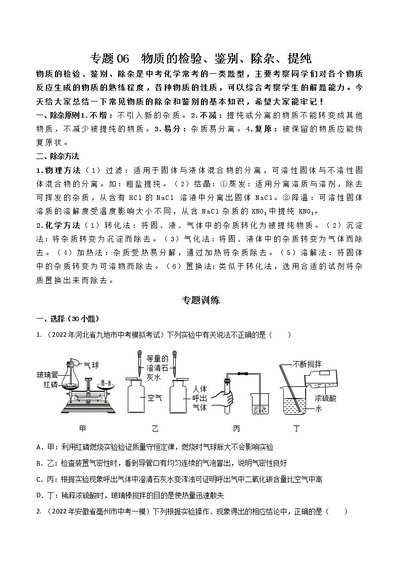 专题 06 物质的检验、鉴别、除杂、提纯（原卷版+解析版）-2023年中考化学总复习高频考点必刷题（全国通用）01