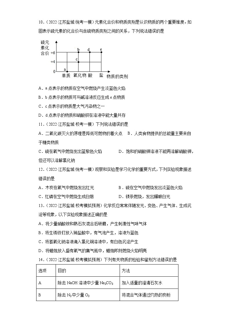 江苏省盐城市三年（2020-2022）中考化学模拟题分题型分层汇编-33氧气的性质03