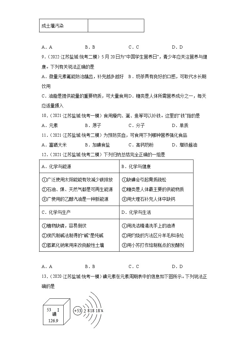 江苏省盐城市三年（2020-2022）中考化学模拟题分题型分层汇编-66化学物质与健康03